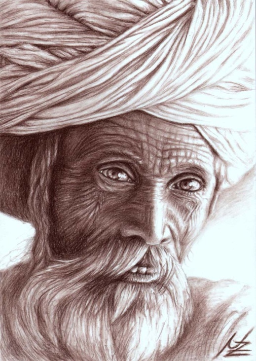 Alter Mann aus Rajhastan, Indien – Sepia-Kohle