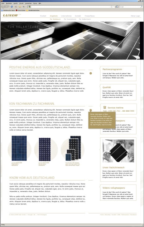 Konzept: Unternehmens Broschüre für Solarteure – Webseite Groblayout