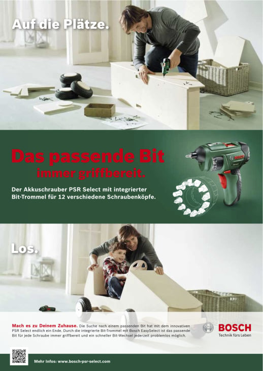 Print-Anzeige zur Einführung des innovativen Akkuschraubers Bosch PSR Select