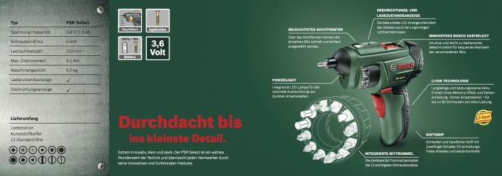 Innenseite der Broschüre zur Vorstellung des innovativen Akkuschraubers Bosch PSR Select