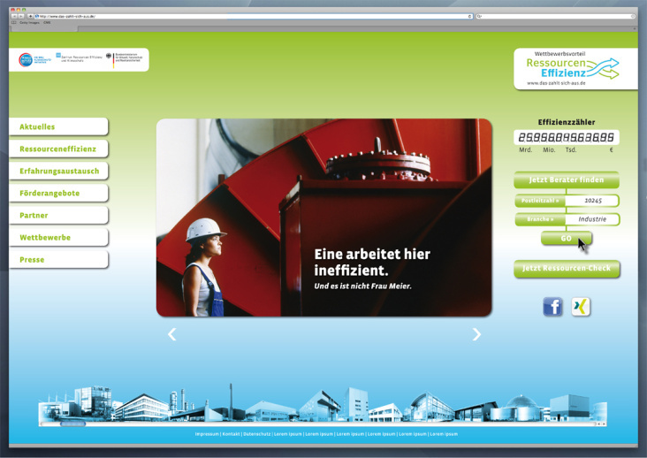 Layoutgestaltung für die BMU Website zum Thema Ressourcen Effizienz