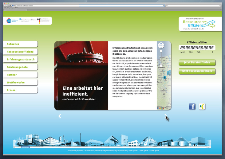 Layoutgestaltung für die BMU Website zum Thema Ressourcen Effizienz