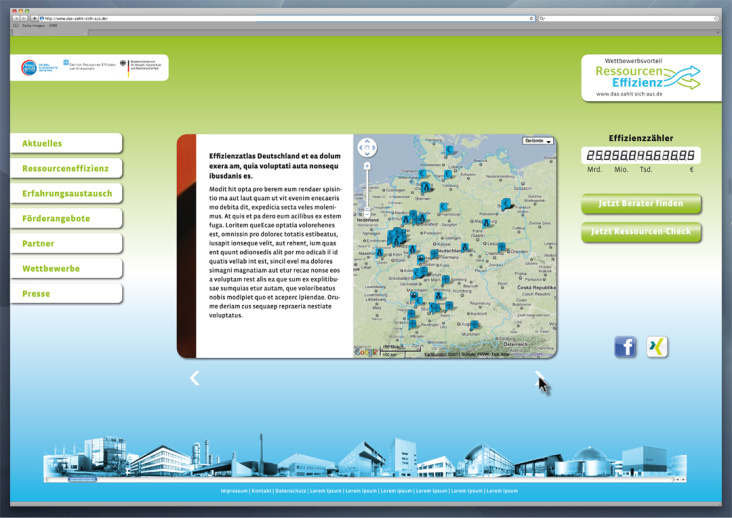 Layoutgestaltung für die BMU Website zum Thema Ressourcen Effizienz