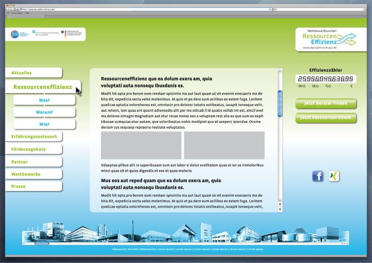 Layoutgestaltung für die BMU Website zum Thema Ressourcen Effizienz