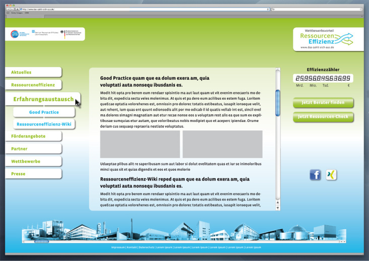 Layoutgestaltung für die BMU Website zum Thema Ressourcen Effizienz
