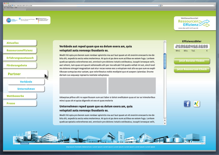 Layoutgestaltung für die BMU Website zum Thema Ressourcen Effizienz