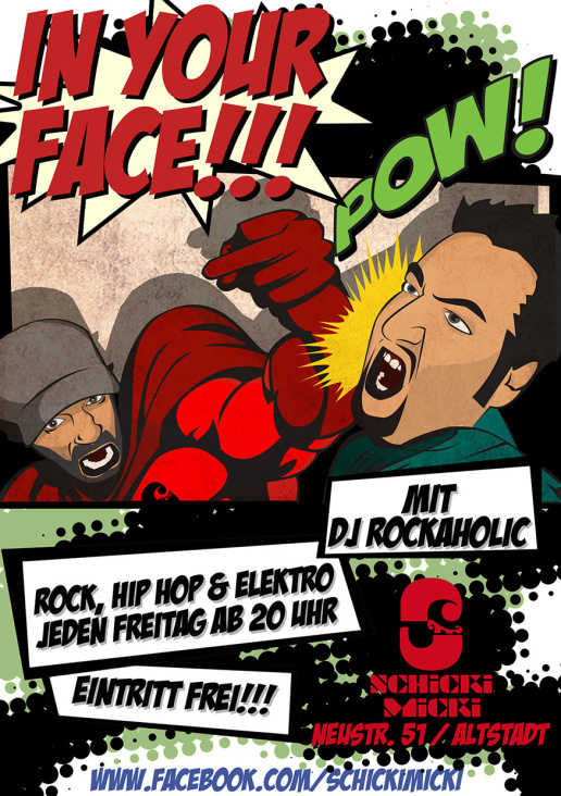 Flyer für die Partyreihe „In Your Face“ für die Disco „Schickimicki“ in Düsseldorf