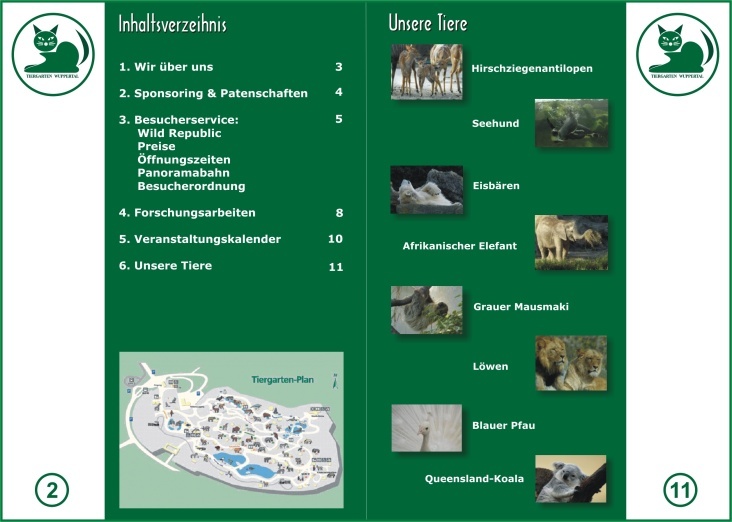 Broschüre „Tiergarten Wuppertal“. Inhaltsverzeihnis und Unsere Tiere.