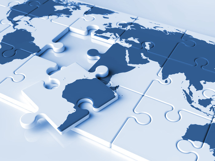 Weltkarte Puzzle – internationales Netzwerk, Business, Wirtschaft, Politik: 3D-Illustration / 3D-Grafik