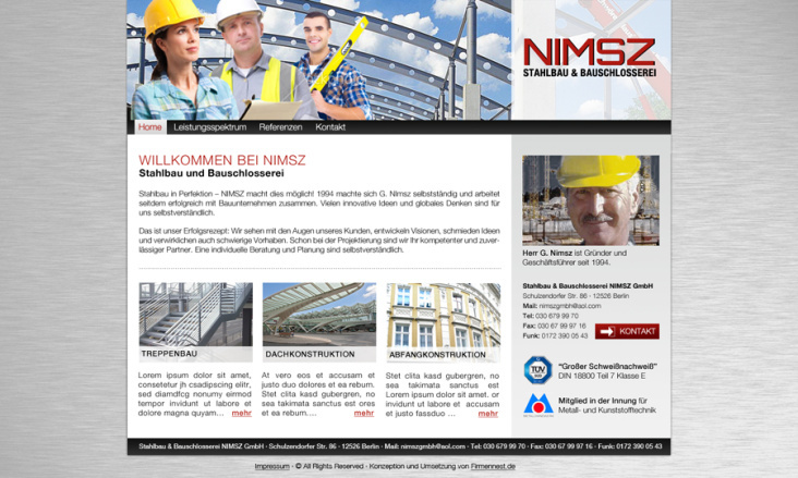 Webseiten-Entwurf für Nimsz Stahlbau und Bauschlosserei