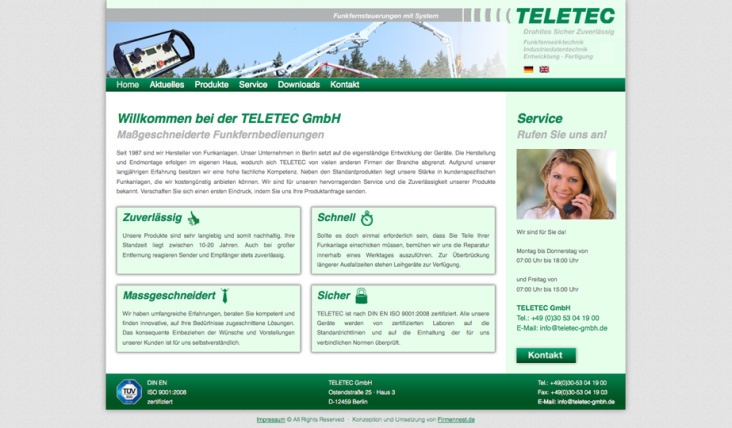 Webdesign und Umsetzung für den Funkfernbedienungsgerätehersteller Teletec