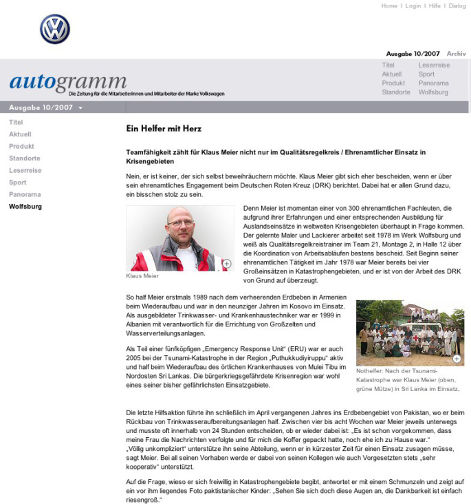 Artikel für das Volkswagen Mitarbeitermagazinautogramm: Ein Helfer mit Herz
