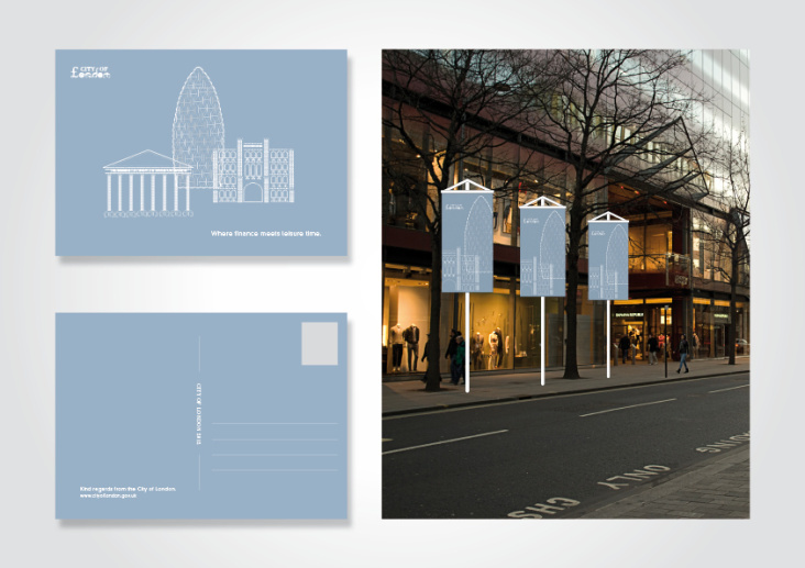City of London das Finanzviertel als Marke. Postkarten- und Bannergestaltung.