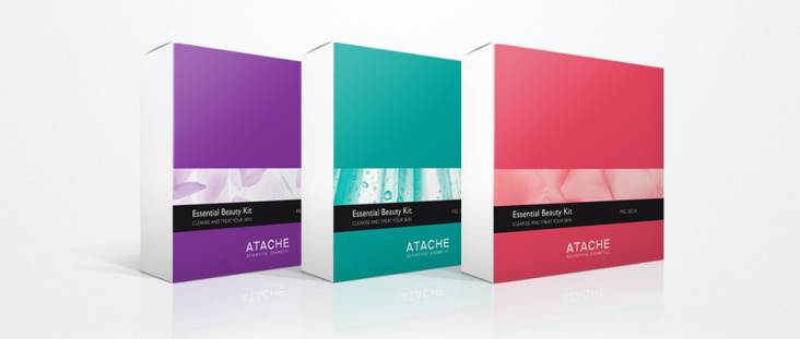 Diseño de 3 estuches promocionales ESSENTIAL BEAUTY KIT, para la firma internacional ATACHE s.a.