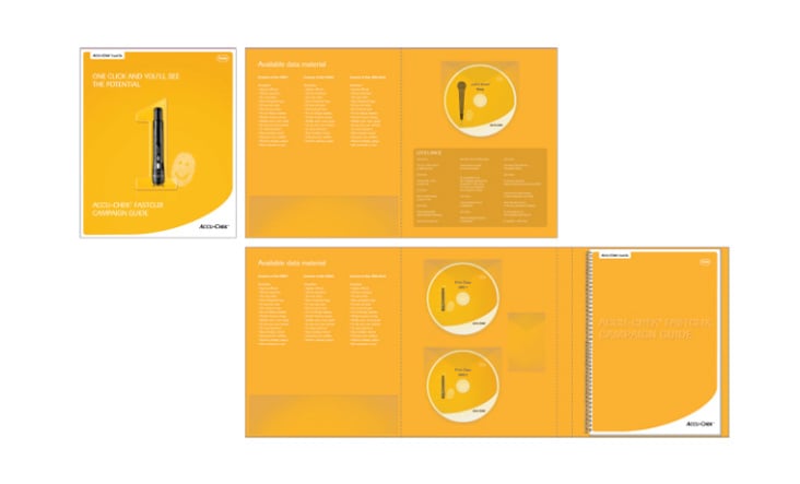 Roche / TBWA. Faltmappe mit Konzept-Guideline, Info-Material und Musik-CD für das neue Blutzucker-Meßgerät Accu-Chek Fastclix.