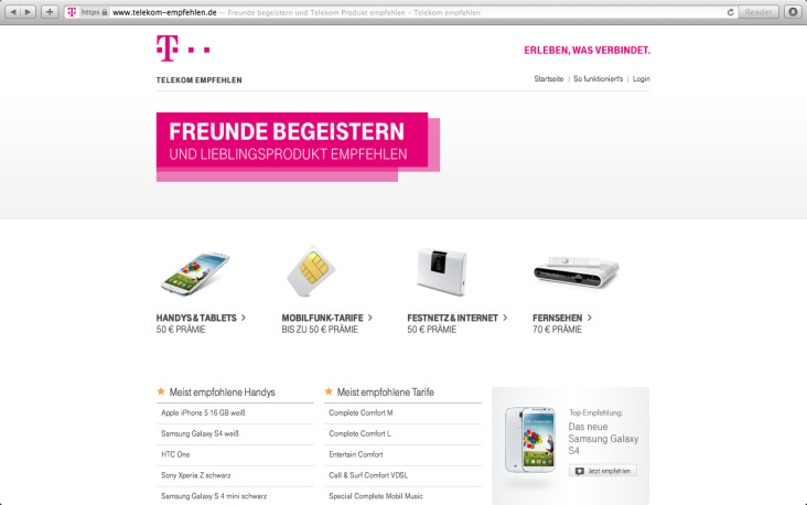Startseite des Programms „Telekom empfehlen“