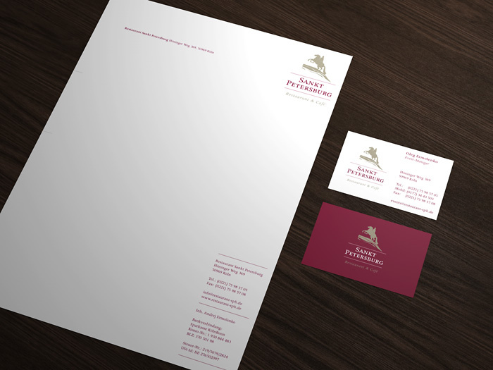 Gestaltung der Geschäftsdrucksachen: Briefbogen und Visitenkarte für das Restaurant Sankt Petersburg in Köln