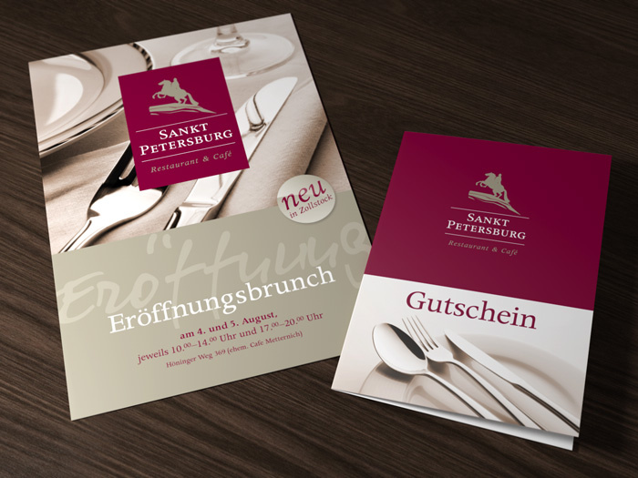 Gestaltung der Werbedrucksachen: Flyer und Gutschein für das Restaurant Sankt Petersburg in Köln