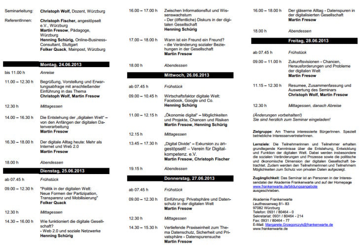 Seminar Digitale Welt, Frankenwarte Würzburg (2013)