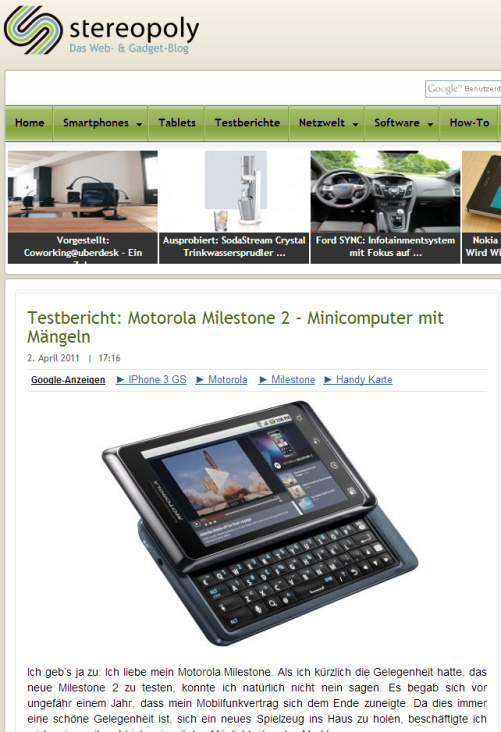 Stereopoly: Testbericht Motorola Milestone 2, Text und Bilder