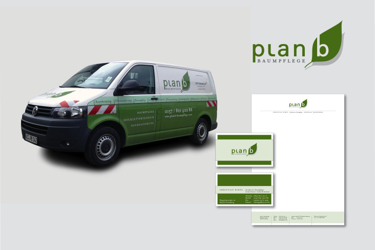 plan b Baumpflege – Logo, Fahrzeuggestaltung, Geschäftspapiere
