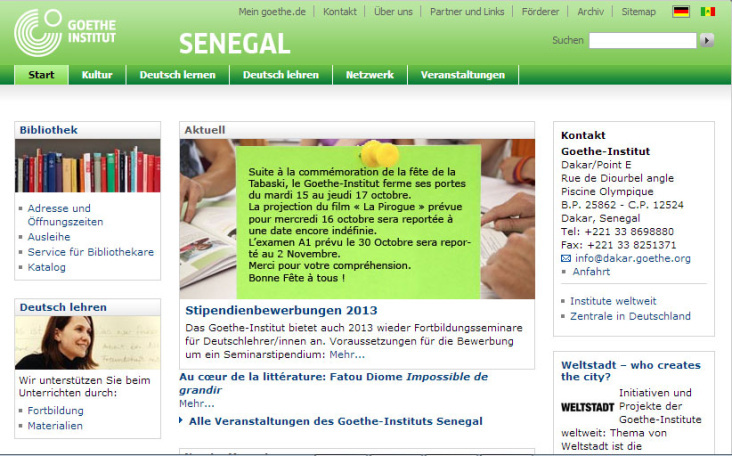 Screenshot der Homepage des Goethe-Instituts Senegal