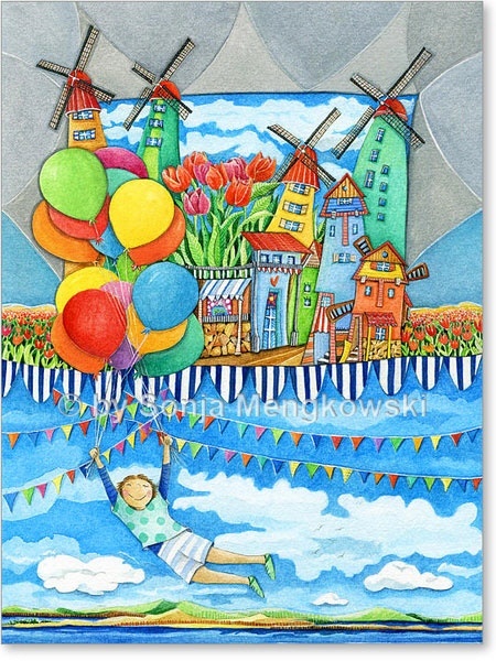 Aquarellbild – Windmühlenland