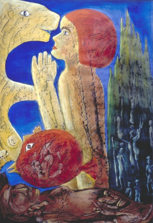 Mädchen mit Löwin, Mischtechnik, 80×55 cm, 1997