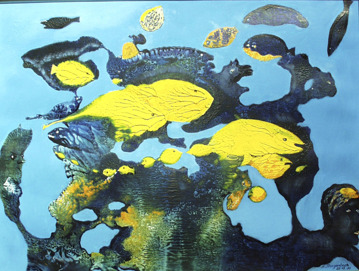 PU 04   Gelber Fischschwarm, Öl a. Leinenkarton, 30×40 cm, 2000