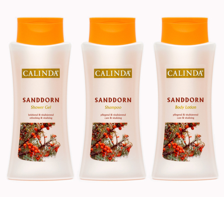 No-Label Etiketten für Pflegeserie – Sanddorn Shower Gel, Shampoo, Body Lotion