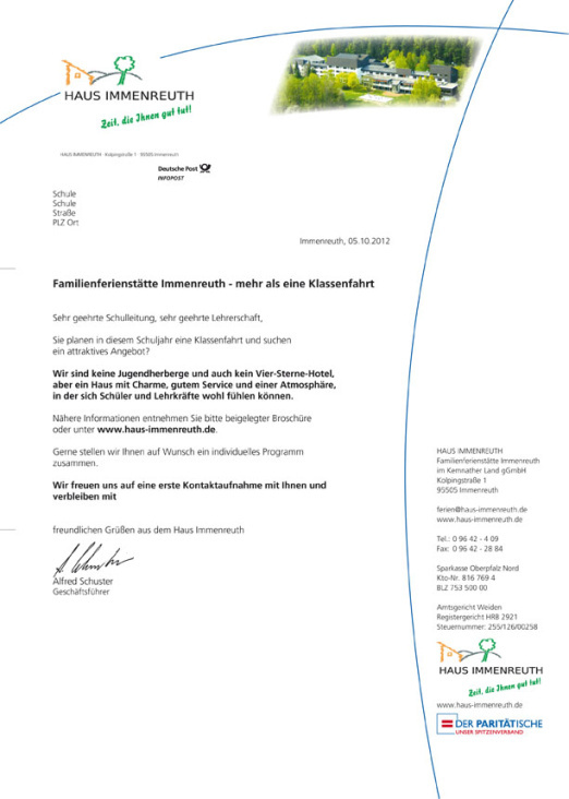 Familienferienstätte Immenreuth – Mailingaktion – Anschreiben