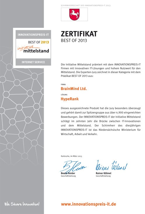Zertifikat Innovationspreis-IT „Best of 2013“