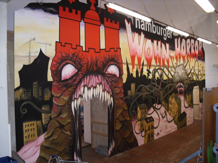 Illustration der Fassade einer improvisierten Geisterbahn zum Thema Hamburger Wohnungsnot für eine Aktion der Diakonie
