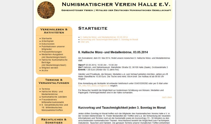 Website Numismatischer Verein Halle/Saale e.V.