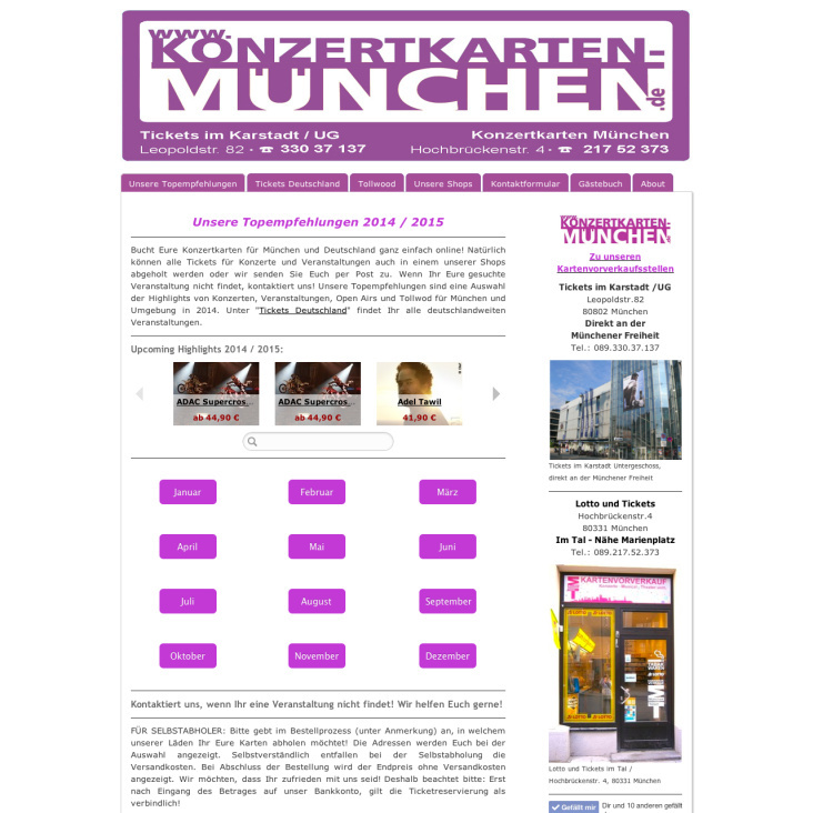 Neuer Webauftritt für konzertkarten-muenchen.de –  Delivery: Webdesign/Textgestaltung /Programmierung/Webshop/Schulung 