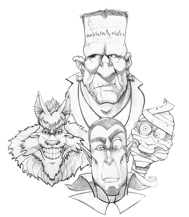 classic horror family portrait – Dracula, Werewolf, The Mummy, Frankensteins monster