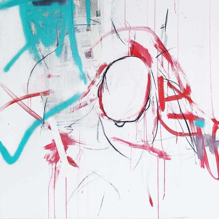 Zack – acrylics, gloss paint, charcoal and newspaper on canvas, 100 × 100 cm