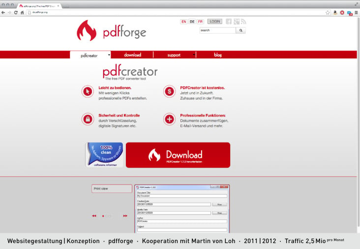 Websitegestaltung | Konzeption  ·  pdfforge  ·  Kooperation mit Martin von Loh  ·  2011 | 2012  ·  Traffic 2,5 Mio pro Monat