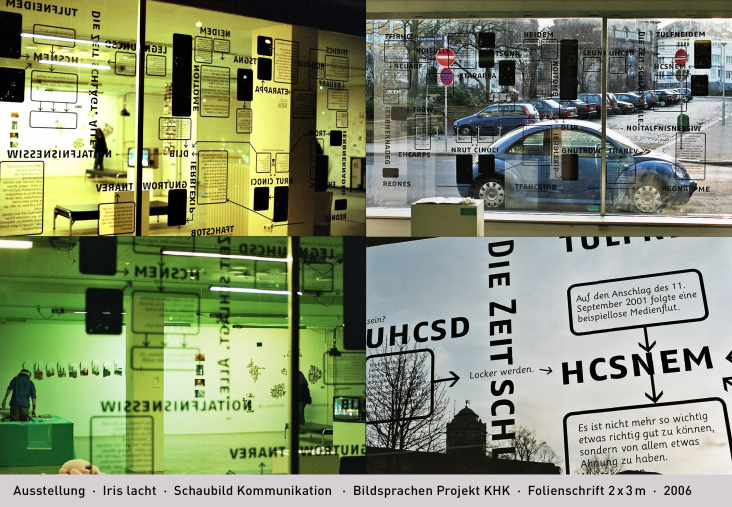 Ausstellung  ·  Iris lacht  ·  Schaubild Kommunikation   ·  Bildsprachen Projekt KHK  ·  Folienschrift 2 x 3 m  ·  2006