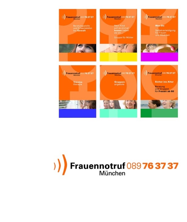 Frauennotruf München: Entwurf von Wortmarke, Farbkonzept, Publikationen