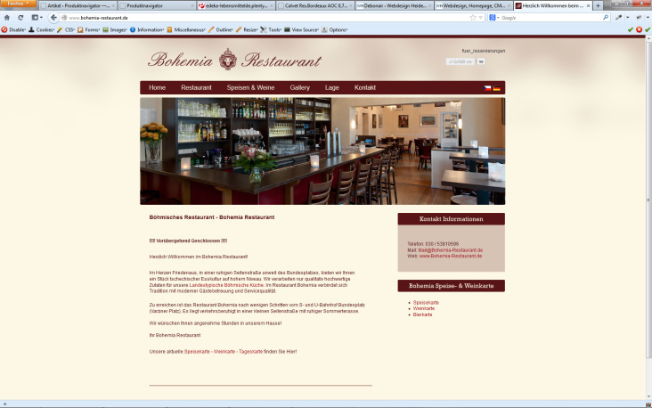Website für Bohemia Restaurant