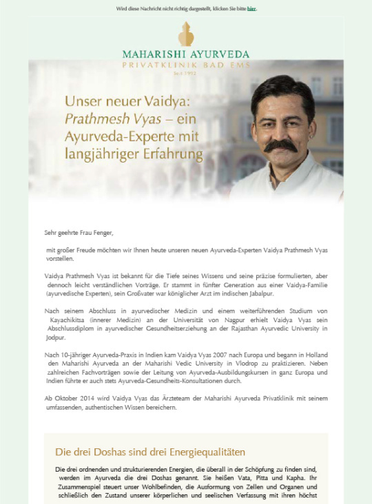 E-Mailing „3Doshas“ für Ayurveda-Klinik Bad Ems