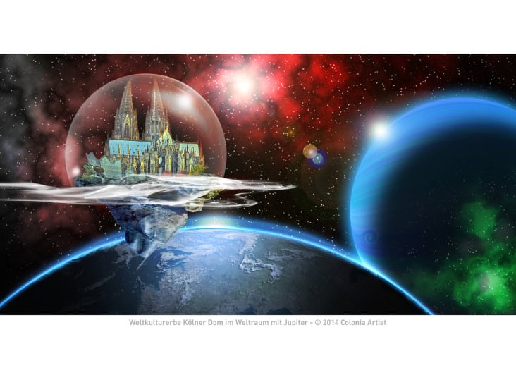 Weltkulturerbe Kölner Dom im Weltraum mit Jupiter