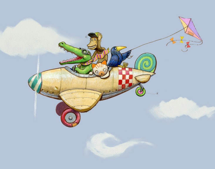 Tiere im Flugzeug, Illustration für Wandpiraten