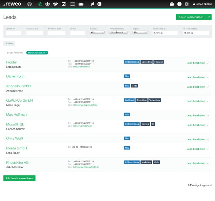 Leads – SaaS CRM & Fakturierung – reweo