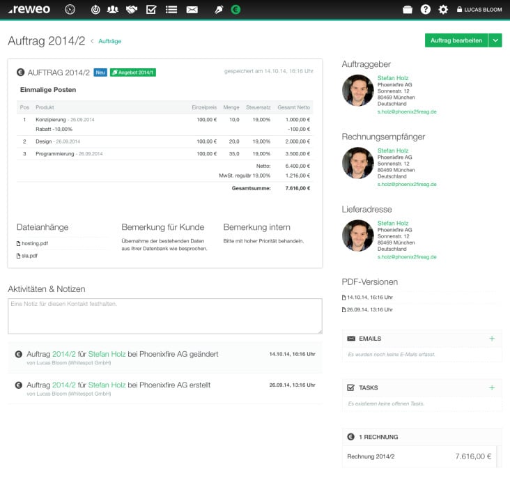 Auftrag – SaaS CRM & Fakturierung – reweo