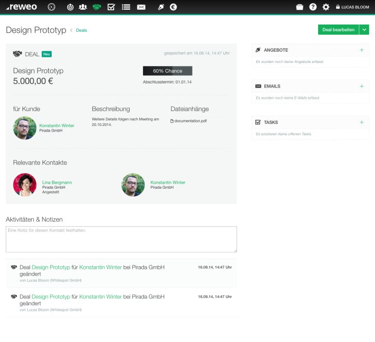 Deals – SaaS CRM & Fakturierung – reweo