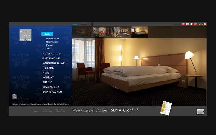 CMS Website mit Bookinginterfaces ( Zimmer + Restaurant ) und virtuellem Rundgang für das Hotel Senator, Zürich