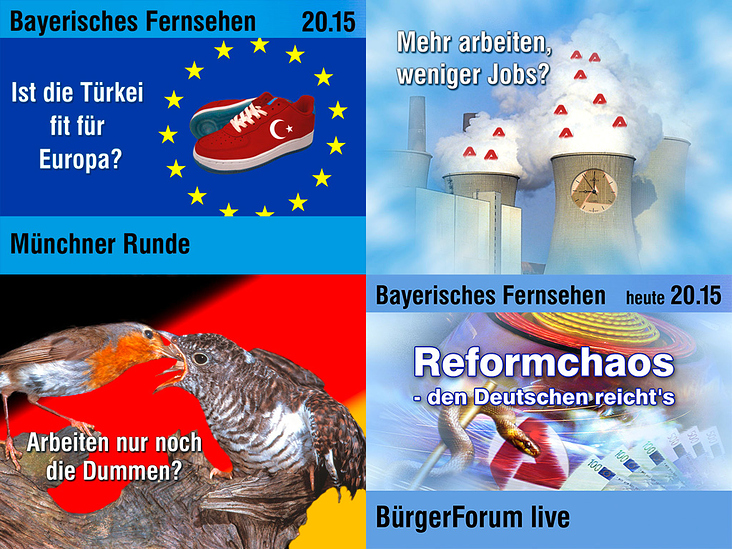 Vier Composings für Programmhinweise des Bayerischen Fernsehens auf Infoscreen (Start- bzw. Endbilder)