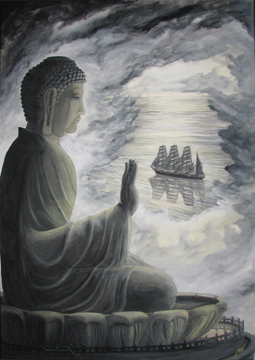 Buddha von Lantau mit der aus Hongkong auslaufenden Sedov